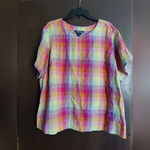 Linen Plaid Button-Shoulder Top